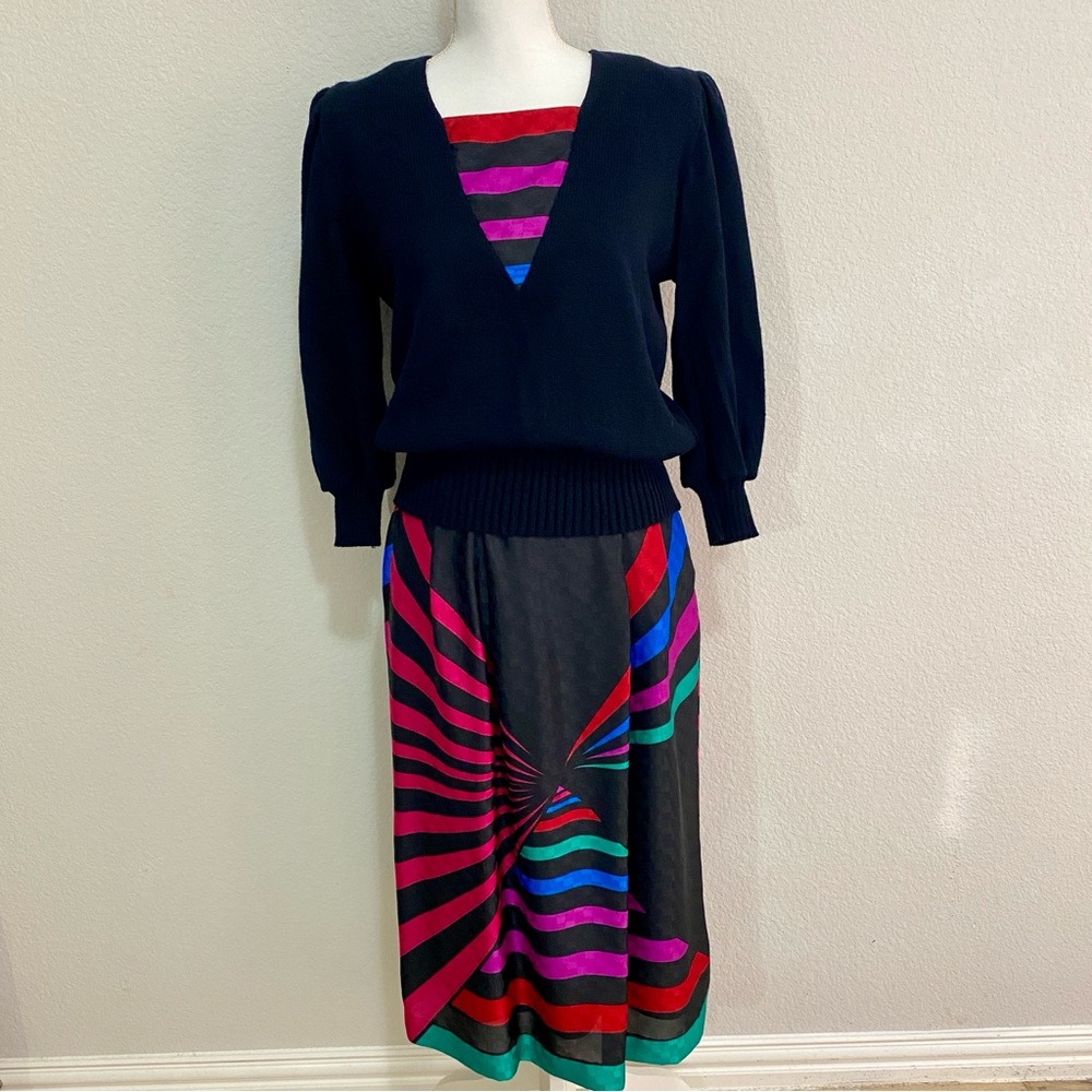Vintage Anthony Sicari 2pc Set‎ Black Pink Neon Striped Sweater Skirt Size 6 USA